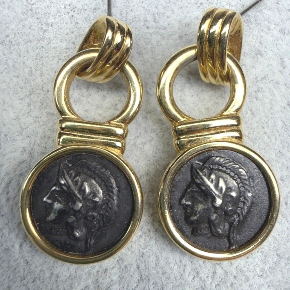 Vintage Roman Coin Drop Earrings Pierced Gold Tone Black Preppy Academia